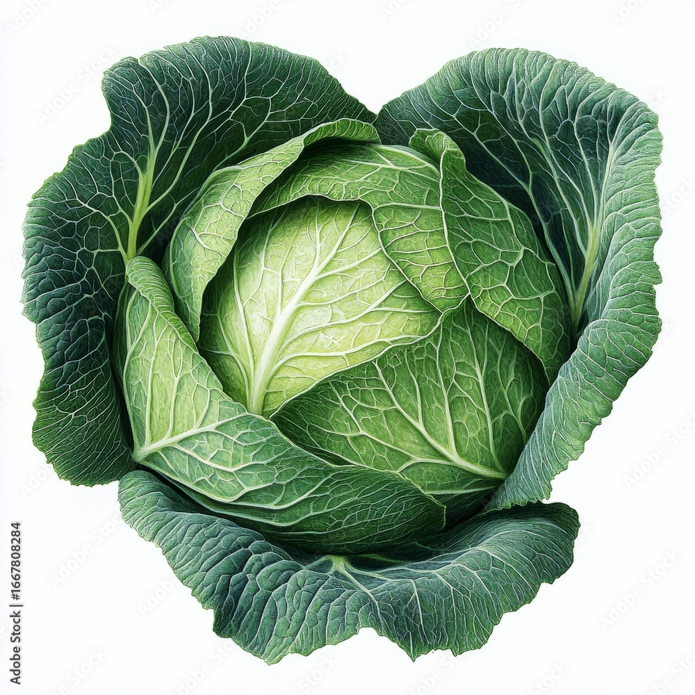 Obraz premium A fresh head of green cabbage with tightly packed leaves, isolated on white background color, photorealistic accuracy, good composition, high resolution