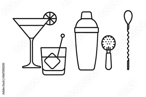 Cocktail and bar tools outline icons set. Linear mixology and bartender essentials. Vector illustration with shaker, strainer, glass, and spoon for drinks and party concepts.