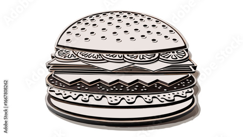 Illustration of a stylized burger with sesame seed bun lettuce cheese and meat on a white background silhouette