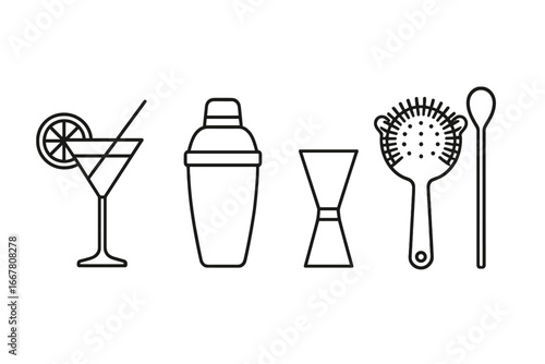 Bar tools and cocktail making icon set. Linear outline vector icons of bartender equipment for mixology. Includes shaker, jigger, strainer, spoon, and martini glass.