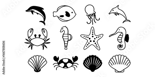 Fish and marine animals icons or minimalist line drawn illustration.
