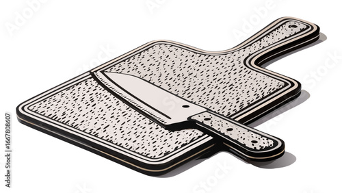 A sharp knife resting diagonally on a textured cutting board with a handle and a black border design silhouette