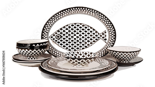 Arrangement of black and white patterned dinnerware including plates and bowls with fish motif plate center silhouette