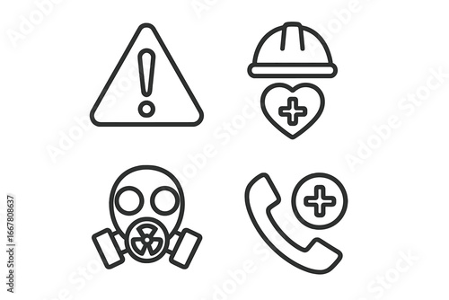 Emergency response and safety outline icons set. Vector graphics for caution, hazard detection, first aid, and worker protection. Includes warning, gas mask, medical call symbols.