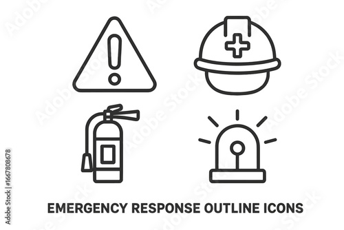 Emergency response outline icons set. Fire safety, medical help, and hazard warning symbols. Vector graphic collection for workplace safety, caution signs, and alert systems.