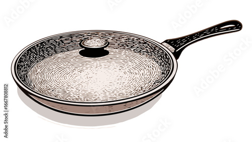 Illustration of a covered frying pan with a black handle and detailed surface texture on a white background silhouette