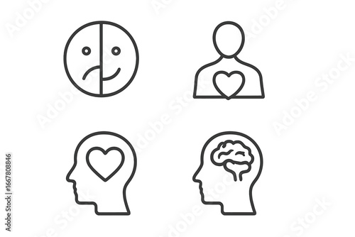 Emotional health and mental wellness outline icons. Psychology concepts like mood disorder, bipolar, self-care, love, and intellect. Vector symbol set for therapy concepts.