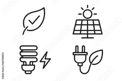 Energy efficiency icon set. Sustainable green technology symbols. Eco friendly renewable energy concept. Solar panel, power saving light bulb, green electricity plug icons.