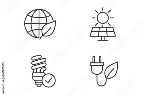 Energy efficiency outline icon set. Sustainable and green technology symbols. Eco friendly concept. Renewable energy, solar panel, saving lightbulb, green plug vector icons.