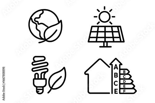 Energy efficiency outline icon set. Sustainable and green technology symbols. Solar panel, eco lightbulb, house energy audit and green earth icons for ecology concept vector