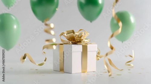 White gift box with a gold bow, balloons, and gold streamers. Concept: birthday, celebration, party, gift. Festive background with a gift.
