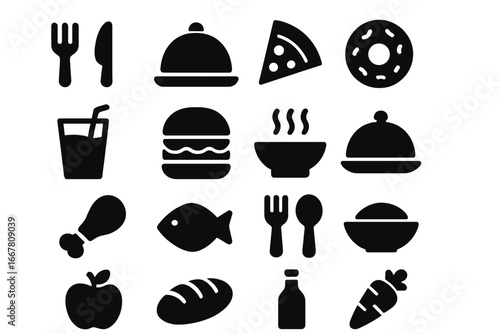 Food and cuisine solid glyph icon set. Dining and culinary vector elements collection for restaurant menu, website or mobile app. Fast food, meal and drink symbols.