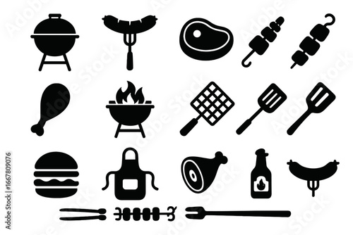 Barbecue and grill food icon set. Silhouette collection of meat, sausage, steak, and burger for summer picnic party. Vector cooking elements like spatula, apron and kebab.