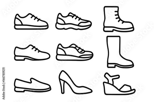 Footwear icon set with various shoe types. Vector line art collection of sneakers, boots, loafers, high heels, and sandals. Men's and women's fashion outline symbols.