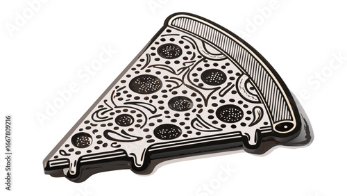 A slice of pizza with melting cheese and toppings in a black and white graphic illustration style icon silhouette