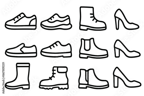 Footwear icon set. Shoes, sneakers, boots, and heels outline collection. Vector line art illustration. Fashion shoe silhouette symbols for men and women. Graphic design elements.