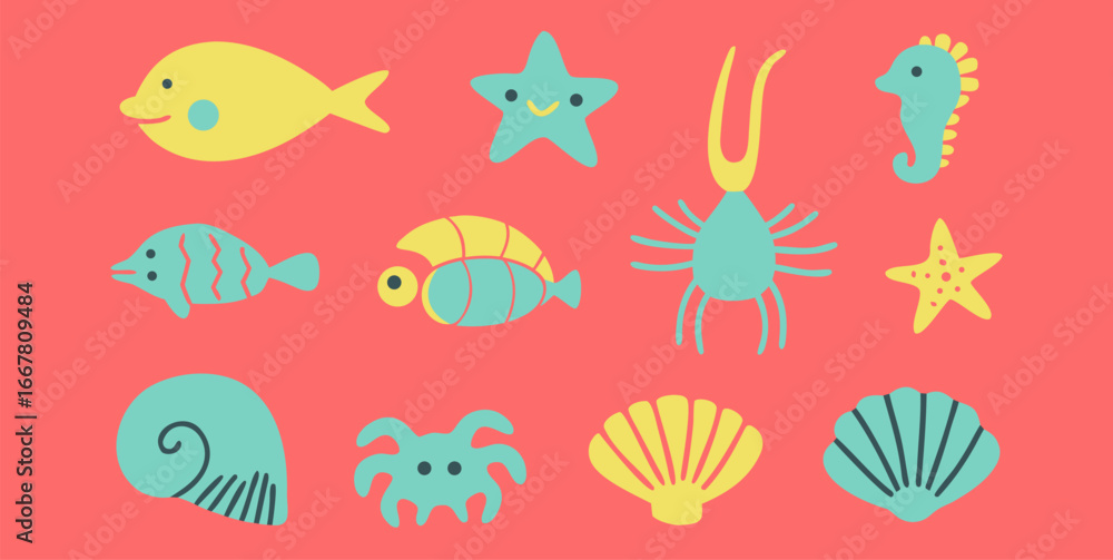 Fototapeta premium Fish and marine animals icons or minimalist line drawn illustration. 