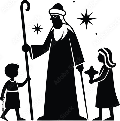 joseph holding staff watching over nativity