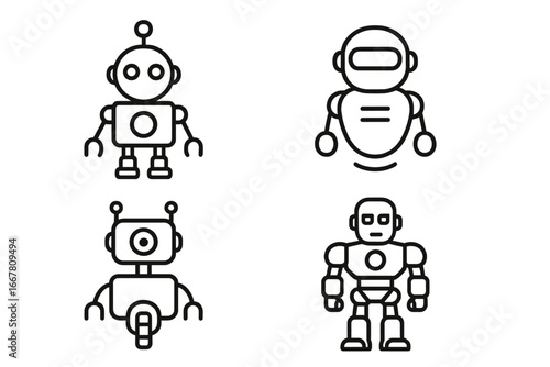 Set of robot outline icons. Vector illustration of futuristic androids and bots. AI, tech, and machine learning symbols. Simple linear pictogram character design collection.
