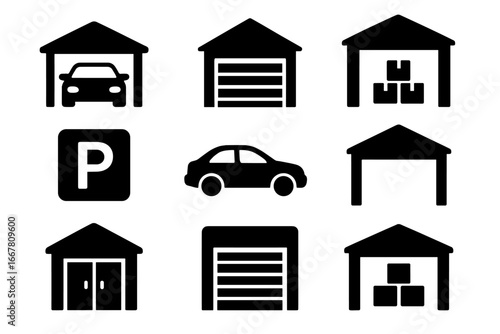 Garage and storage silhouette icon collection. Car parking, warehouse, and carport icons. Vector pictogram set for automobile, transport, property, building, and delivery.