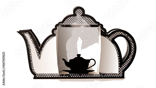 Stylized teapot shelf with polka dot trim holding a smaller teapot silhouette inside the display area