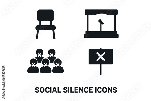 Social silence solid icon set. Metaphor for censorship, oppression, and loss of voice. Includes silenced crowd, empty stage, vacant chair, and mute protest sign. Cancelled.