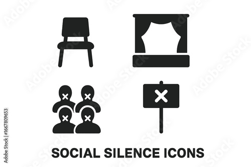 Social silence and censorship vector icon set. Glyph symbols for protest, no-platforming, and social issues. Includes empty chair, vacant stage, muted crowd, cancel sign.