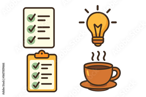 Productivity icon set. Task management. Checklist, clipboard, to-do list. Creative idea, innovation, lightbulb. Coffee cup for energy boost. Office work concept vector.