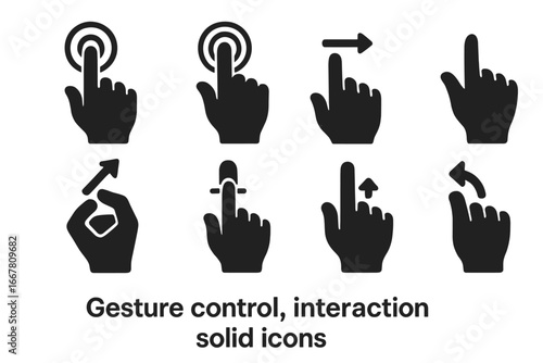Hand gesture solid icons for touch screen interface. UI and UX gesture collection. Vector symbols for tap, swipe, drag, pinch, zoom, rotate, press. User interaction glyphs.