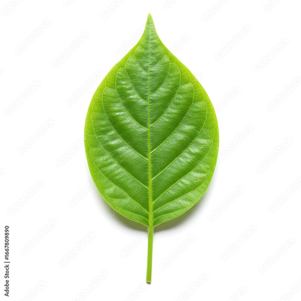 Obraz premium A single, vibrant green leaf with prominent veins, isolated on a clean white background.