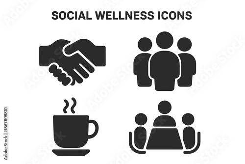 Social wellness solid icon set. Glyph symbols of business communication, teamwork, community. Vector icons of handshake, group meeting, coffee break, and people collaboration.