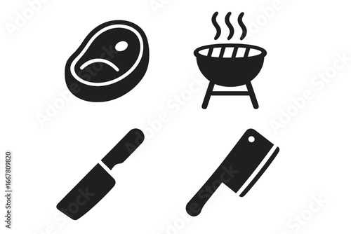 Meat and barbecue solid icon set. Steak, grill, knife, and cleaver glyphs. Culinary, butchery, and cooking symbols for menus, apps, and web design. Vector illustration.