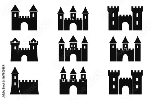 Medieval castle silhouette icon set. Vector fortresses, towers, and gateways collection. Simple black stronghold, citadel, and palace graphics for history or fantasy logos.