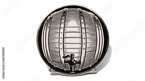 Illustration of a wooden barrel with a tap, featuring black and white striped design and circular shape silhouette