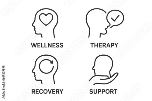 Mental health line icons set. Wellness, therapy, recovery, and support symbols collection. Psychology, emotional care, and counseling concept. Vector head silhouette illustration.