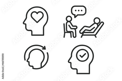 Mental health line icons set. Psychology, psychotherapy, counseling. Concepts for wellness, emotional support, therapy, recovery, self-care, and positive thinking solution.