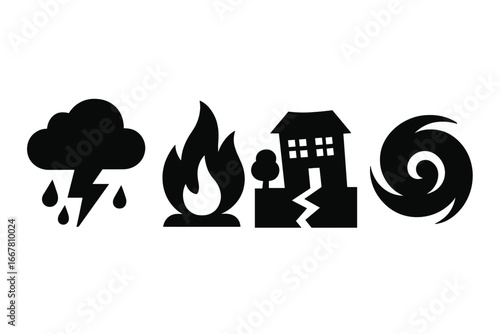 Natural disaster icon set. Silhouette vector symbols of weather events and catastrophes. Includes thunderstorm, fire, earthquake, and hurricane for illustrating climate change.