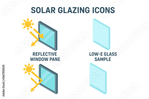 Solar glazing icons set. Isometric vector illustration of reflective window pane and low-e glass. Sun heat protection, energy saving coating technology. Sustainable building material.