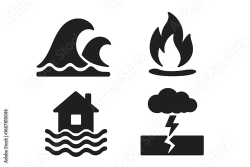 Natural disaster solid icon set. Catastrophe and emergency symbols. Tsunami wave, wildfire, house flood, earthquake and lightning storm vector pictograms for climate change.