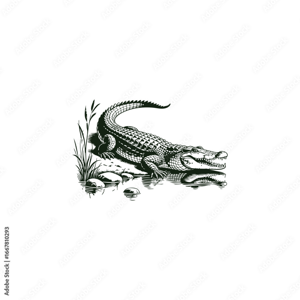 Fototapeta premium Engraving logo of a crocodile resting by the edge of a calm lake, illustrated in detailed black and white engraving style