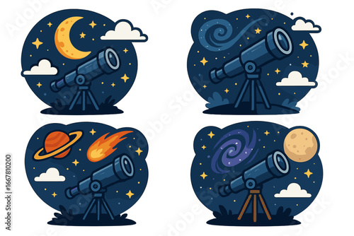 Telescope looking at night sky, cartoon vector icon set. Astronomy, science, and space exploration concept. Observing celestial bodies, moon, planet, comet, stars, galaxy.