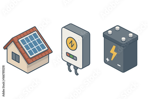 Isometric solar energy icon set. Vector illustration of rooftop panel installation on house, power inverter, and battery storage. Green renewable technology electricity concept.