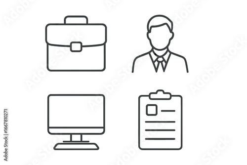 Business and office icon set. Linear vector symbols for corporate concepts. Includes briefcase, employee, computer monitor, and clipboard for professional workspace design.