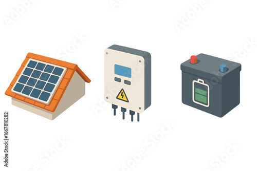 Isometric solar energy installation icon set. Vector illustration of rooftop solar panel, power inverter and battery storage system for renewable green electric energy.