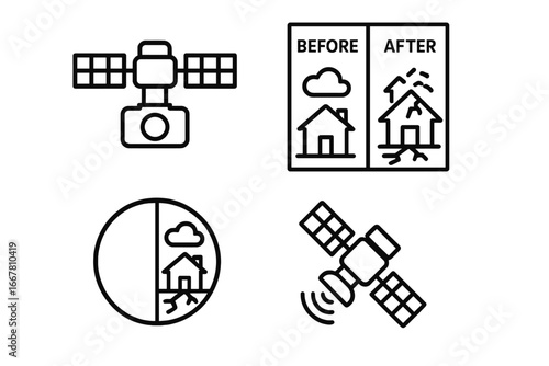 Satellite damage assessment icons. Remote sensing for disaster monitoring. Before and after comparison of property destruction from earthquake or flood. Outline vector icon set.