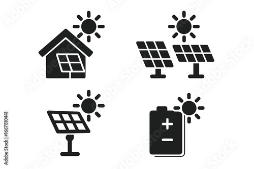 Solar power icon set. Solid glyph symbols for renewable energy projects. Rooftop solar panel, solar farm, sun tracker, battery storage. Green eco electricity vector illustration.