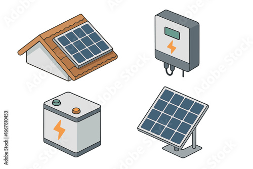 Isometric solar panel installation icon set. Rooftop panel, battery storage, and inverter vector icons. Renewable green energy, sustainable technology, photovoltaic system concept.