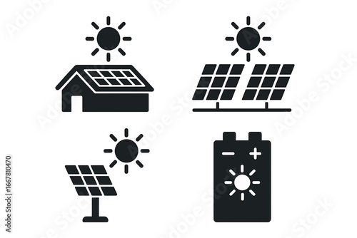Solar power solid glyph icon set. Vector illustration of renewable energy concepts like rooftop panels, solar farm, sun tracker, and battery storage for green electricity.