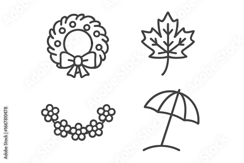 Four seasons icon set. Winter, spring, summer, autumn symbols. Line art vector graphics. Christmas wreath, flower garland, beach umbrella, and maple leaf icons.