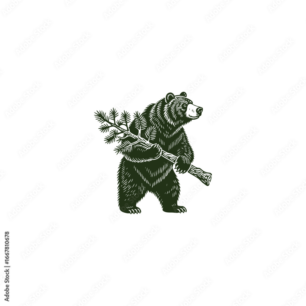 Fototapeta premium Engraving logo of a powerful bear carrying a tree branch. Vintage black and white illustration with natural details, perfect for wildlife, forest